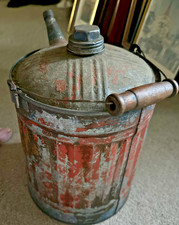 1940-50's METAL GAS/OIL, CAN, Red Paint, Galvanized, Wood Handle Spout Twist Cap