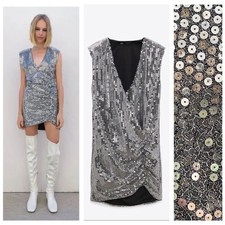 Zara Silver Sequins Draped Mini Dress Medium