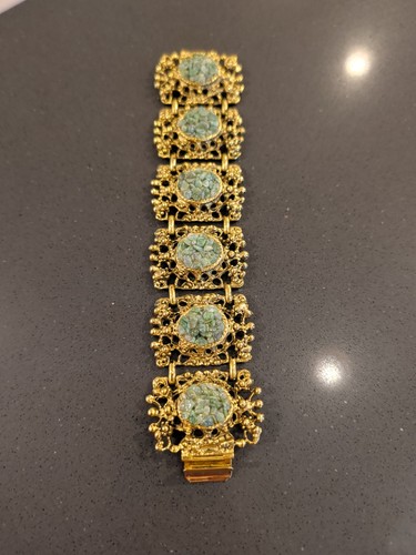 Vintage Heavy Chunky Gold Tone Metal Link Panel Bracelet Pieces Faux Jade Q62 - Afbeelding 1 van 8