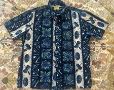 Vintage Ui-Maikai Men’s Blue Hawaiian Shirt Made In Hawaii Tiki Masks Drums