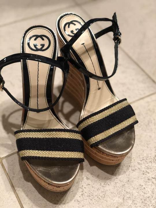 Gucci Navy Wedge Sandals for Women 24cm 14cm Heel Mint