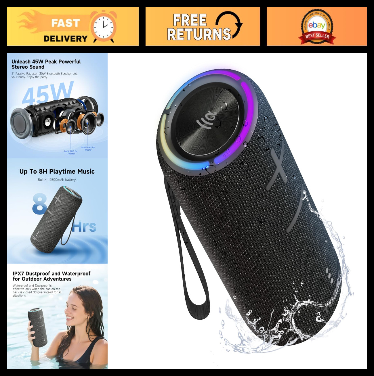 30W Portable Bluetooth Speaker - 360&deg; Surround Sound, IPX7 