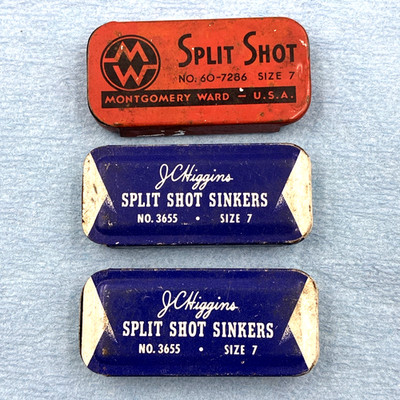 3x Vintage 1950s Size 7 SPLIT SHOT Tins JC Higgins Sears Montgomery Ward a497