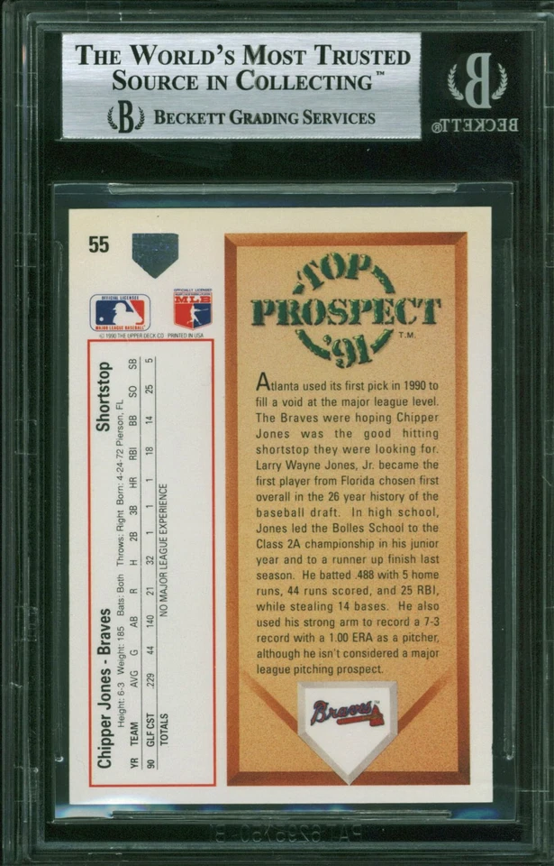 Braves Chipper Jones Authentic Signed 1991 Upper Deck #55 RC Card BAS Slabbed - Image 2 of 2