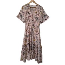 Baltic Born Spell Boho Midi Dress Blush Floral Sz L Flutter Sleeve Tiered Ruffle