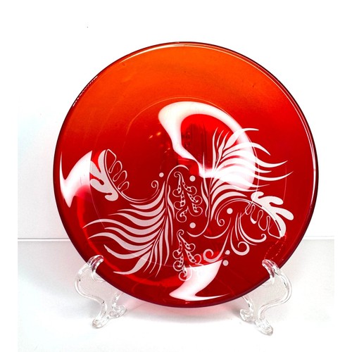 Vintage Bohemian Ruby Red Plate w Silver Etched Design 6"