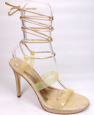 JLO by Jennifer Lopez ASTECH Womens Ankle Strap Tie Heels Sandals Size 9.5  Gold