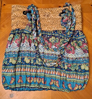 CAPPELLI STRAWORLD Summer Purse Watercolor Floral Fabric and Straw Bag Boho 