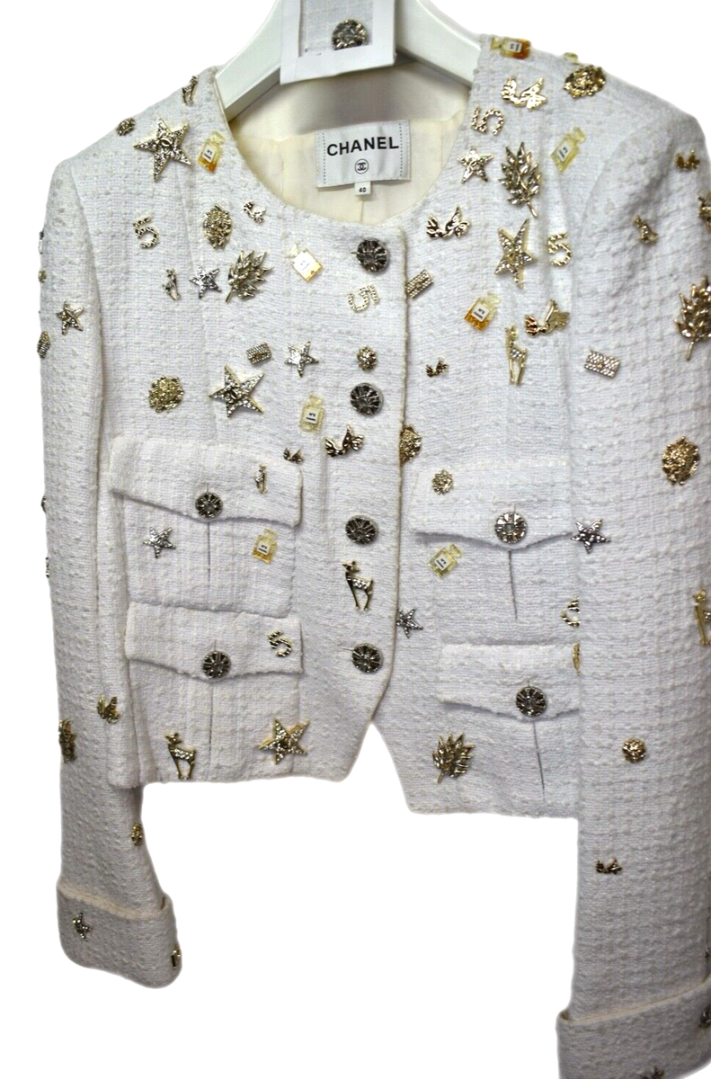 Chanel Blazer Jacket White Womens w/ brooches lion 5 chanel Chanel Blazer Jacket White Womens w/ brooches lion 5 chanel