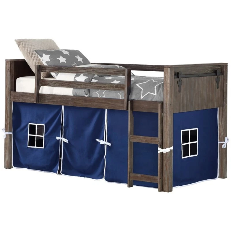 Donco Kids Twin Solid Wood Barn Door Loft Bed with Blue Tent in