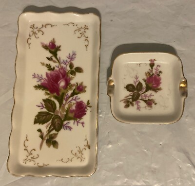 Royal Sealy Japan Porcelain Moss Rose - Ashtray and Cigarette Holder (247) 