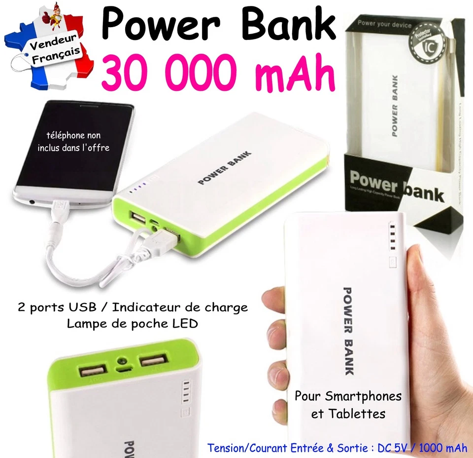 ENCRE4U Power Bank 30000 mAh - Coloris BLANC VERT : 2x USB / Led / Indicateur de charge