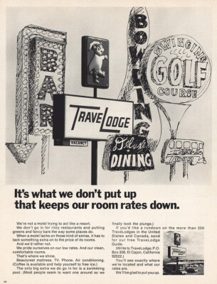 1967 Travelodge: Keeps Our Room Rates Down Vintage Print Ad