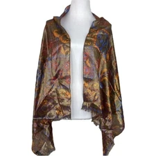 Bally Women's Gold Vintage 80s Metallic Silk Wool Artesian Floral Scarf 26x60