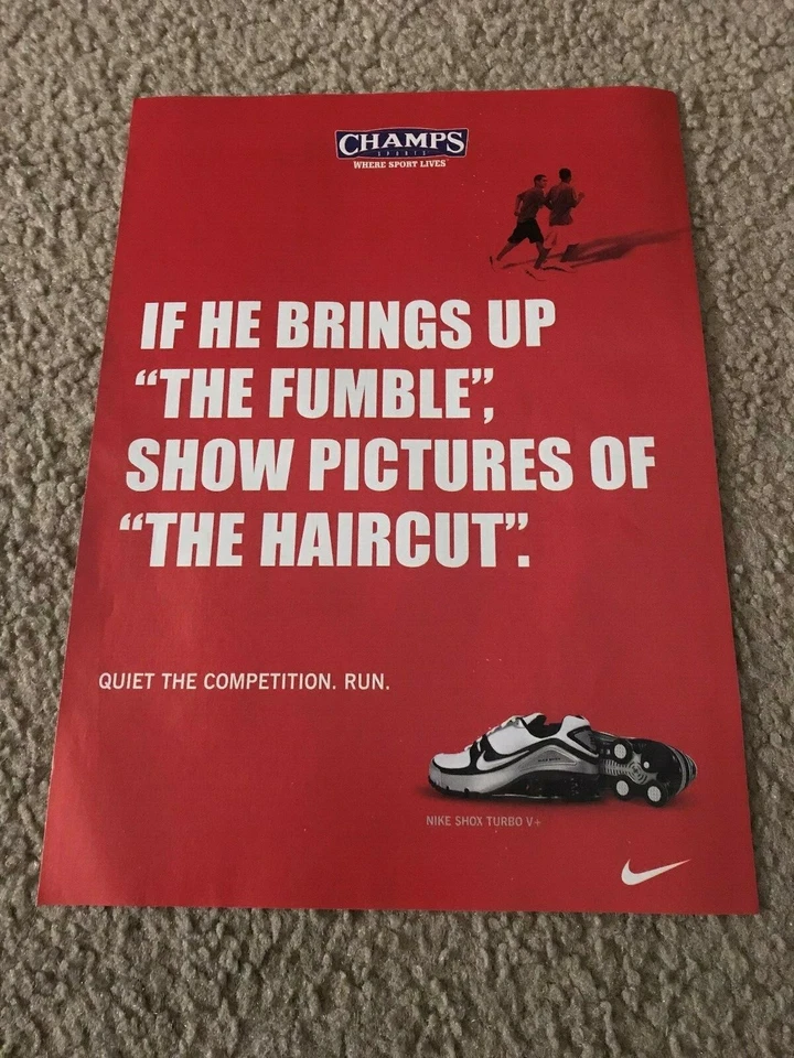 Vtg NIKE SHOX TURBO V+ 5 RUNNING SHOES Poster Print Ad "THE FUMBLE" ANTI-BRONCOS - Image 1 of 1
