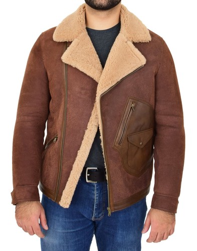 Mens Real Sheepskin Jacket Fitted Antique Brown Flying Shearling Aviator B3 Coat - Picture 8 of 11