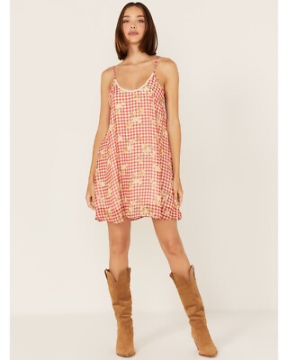 Wild Moss Women's Gingham Floral Print Slip Dress Orang size XL #VTG