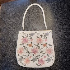 Vintage 50s Handmade Beaded Floral Purse Bag White Floral  Bridal Wedding