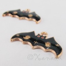 Halloween Bats 23mm Black Glitter Enamel Gold Plated Charms EC3944 - 2, 5, 10PCs