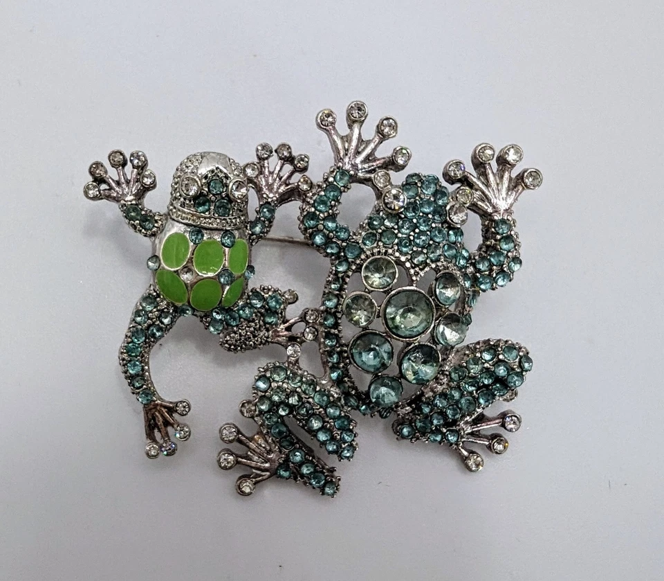 Broche Napier 2 Ranas Árboles Estrás Verde Tono Plata Excelente Forma Foto 2 de 4