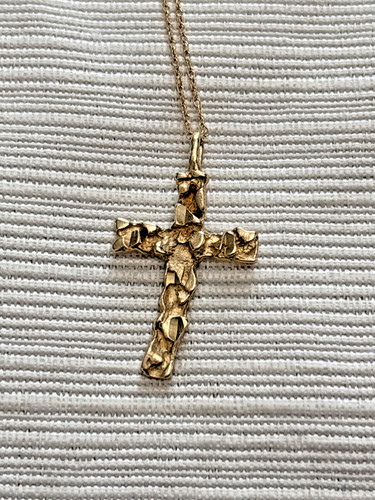 14k Yellow Gold Cross Necklace Pendant Charm Nugget Diamond Cut Necklace