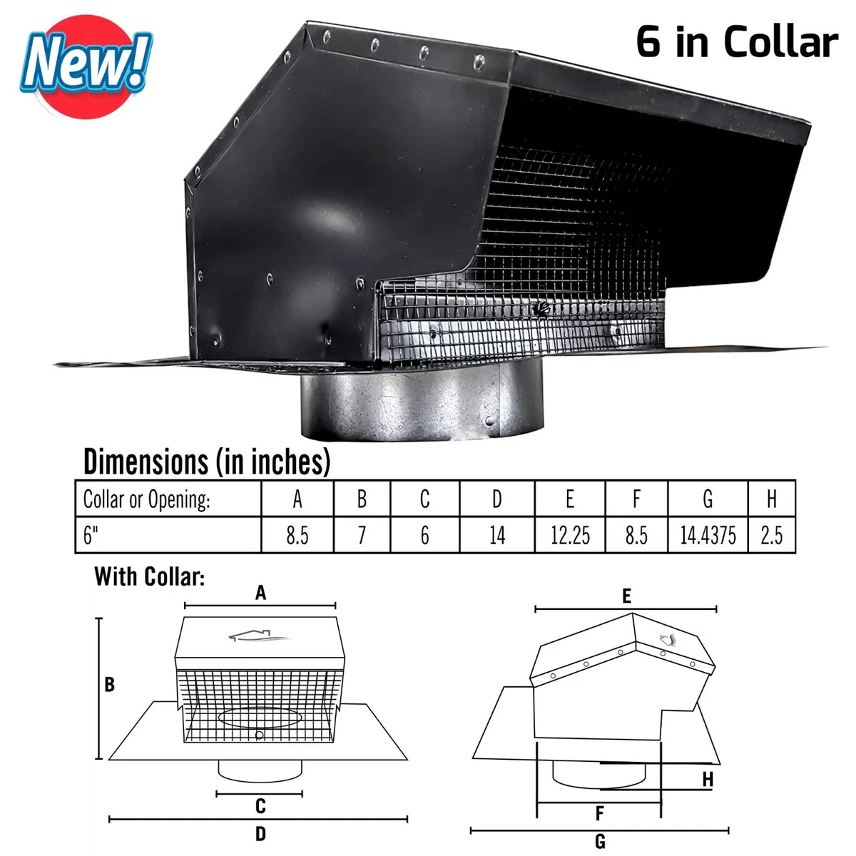 6u0026#034; Exhaust Roof Vent Cap w Screen Damper for Kitchen Stove Range Hood  Bathroom | eBay