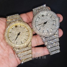 Men Full Iced Icy Band Simulated Diamond Gold Silver Finish Hip Hop Metal Watch