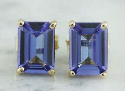 4Ct Emerald Cut Blue Tanzanite Solitaire Stud Earrings in 14K Yellow Gold Finish