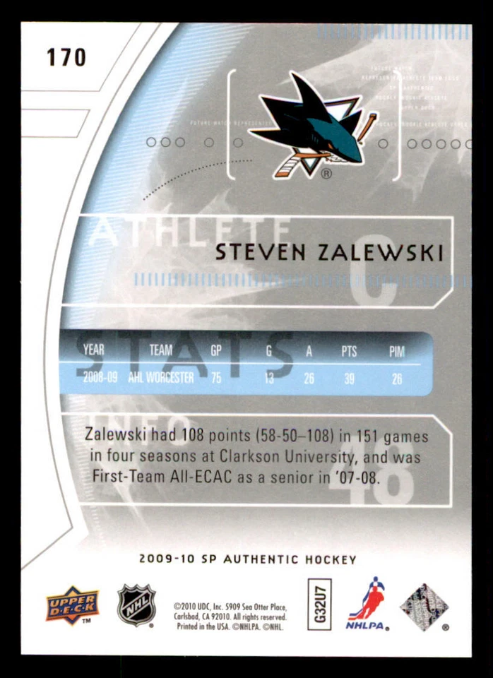 2009-10 SP Authentic #170 Steven Zalewski RC /999 (ref 239847) - Image 2 of 2