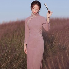 Women Fit Long Qipao Slit Cheongsam Dress Retro Floral Embroidery Faux Fur Trim