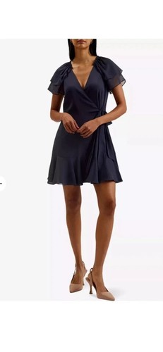 Ted Baker angel sleeve wrap dress size 1 / 8 uk navy blue chiffon - Picture 1 of 8