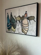 VTG African Batik inspired Art Painting 21" x 15" Signed  SEE VIDEO Folk Art