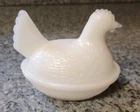 Vintage Atlas Opal Glass Hen On Nest Covered Dish W/ Basket Weave Base