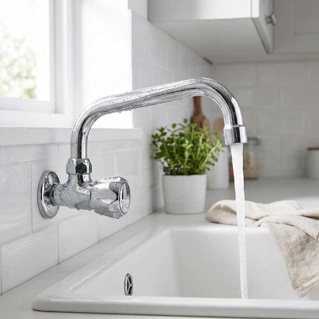 Kitchen Wall Mounted Cold Water Tap Single Lever 'C' Type Chrome Plated Brass