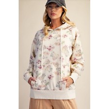 195 Easel Cream Floral Terry Hooded Pullover Sweatshirt - MEDIUM - PTP: 25" BB2