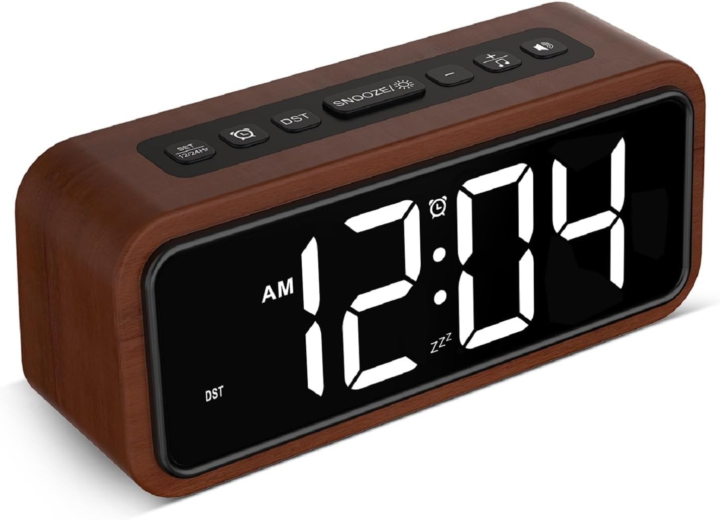Wooden Alarm Clock, Loud Digital Plug-in Clock with 5 Volumes, 12 Ringtones, Man