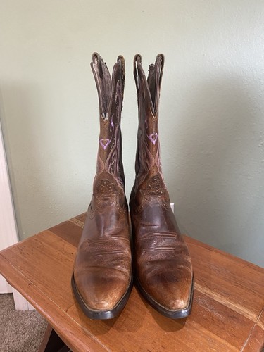Justin Boots L2562 Women 10C Brown Leather Lilac Stitching Cowgirl Western Boot - Picture 2 of 13