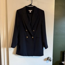 H M dark navy blue double breasted long blazer size XS