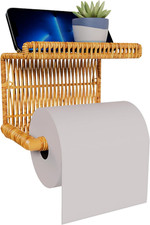 Synthetic Rattan Toilet Paper Holder with Shelf   Fits Mega Rolls, Boho Bathroom