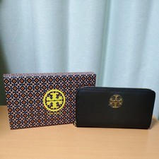 TORY BURCH 58161 Long Wallet Round Zipper Black Gold Logo Capacity Pocket Box