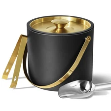 3L Ice Bucket with Silicone Lid, Scoop, Gold Tongs & Strainer, Stainless Stee...
