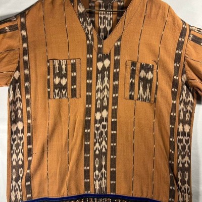 VTG Unique Boho aztec western Wood fringe shirt Israelite 12 tribes border blue