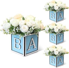 4 Set Baby Shower Centerpieces - 6 inch BLUE Wooden Boxes Spell BABY