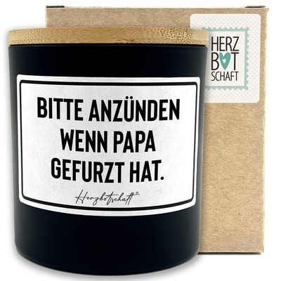 Duftkerze mit Spruch ''Bitte anzünden wenn Papa gefurzt hat.'' mit Bambusdeckel
