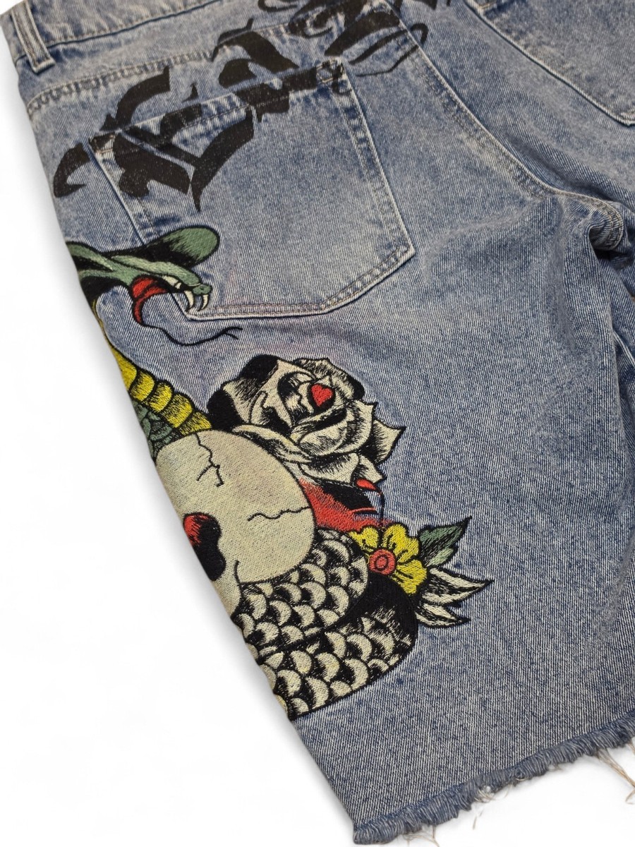 Ed hardy Y2K 刺繍デザイン デニム ハーフパンツ hiphop Ed Hardy Blue Jorts Distressed Skull and Snake Embroidery Y2K Jean