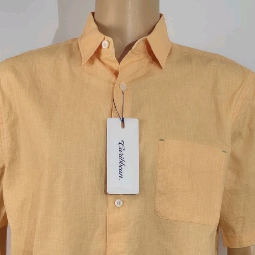 Caribbean Men's Shirt Size L Orange 100% Linen Button Up Short Sleeve NWT (32)