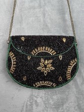 Beaded Hard Shell Purse Clutch Sequin Gold Shoulder Chain Handmade Evening Bag