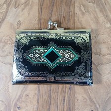 VTG Florentine Black Leather Gold Tooled Kiss Lock Divided Coin Purse Italy