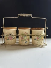 Vtg Lidded Crock Jars Canisters Metal Caddy Set 3 Jam Condiment 1950 Kitsch