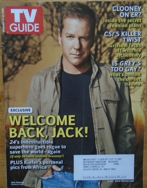 TV GUIDE MAGAZINE 11-17-08 KIEFER SUTHERLAND, GEORGE CLOONEY, GREY'S ANATOMY